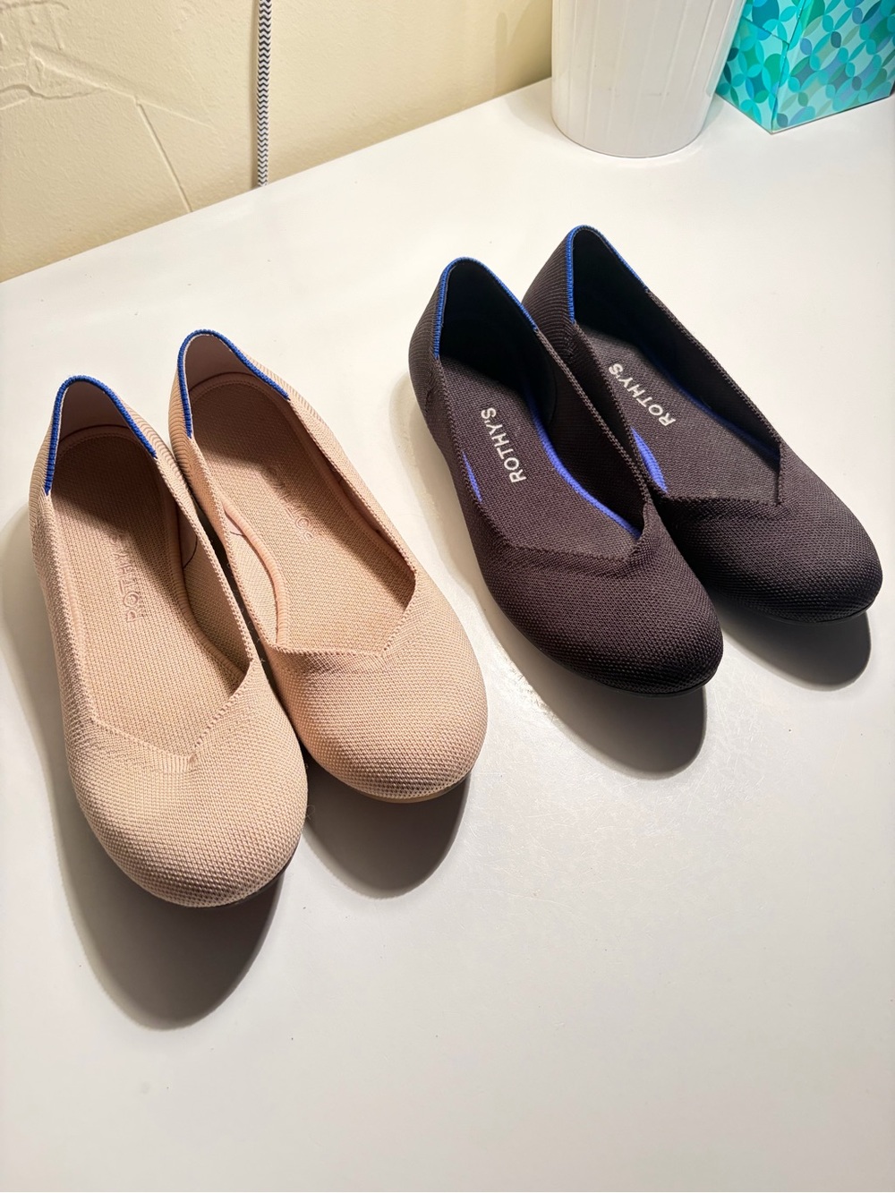 Rothy's Daily Ballet Flats Bundle — Beige and Black with Blue Trim
